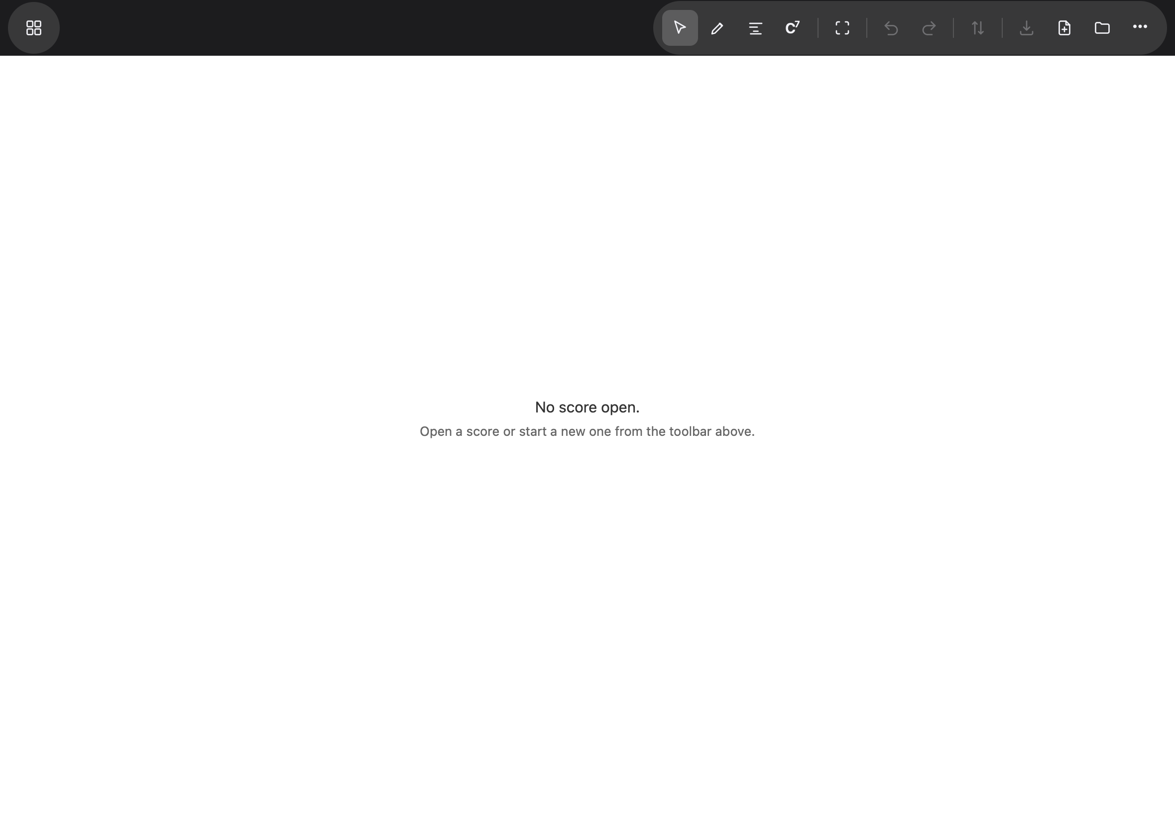 Noteland with no score open — the toolbar along the top, the message "No score open" in the middle