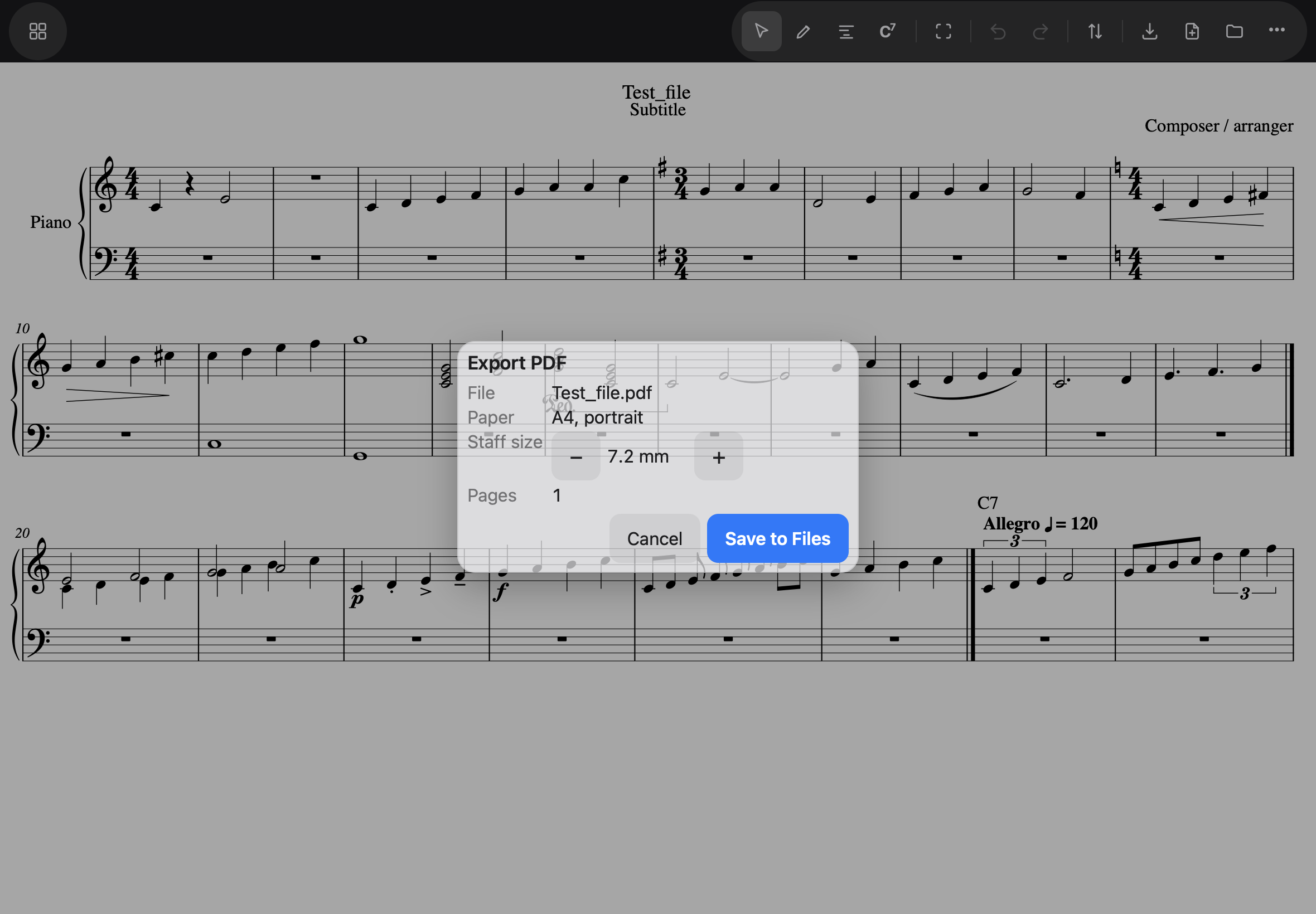 The Export PDF sheet, ready to save