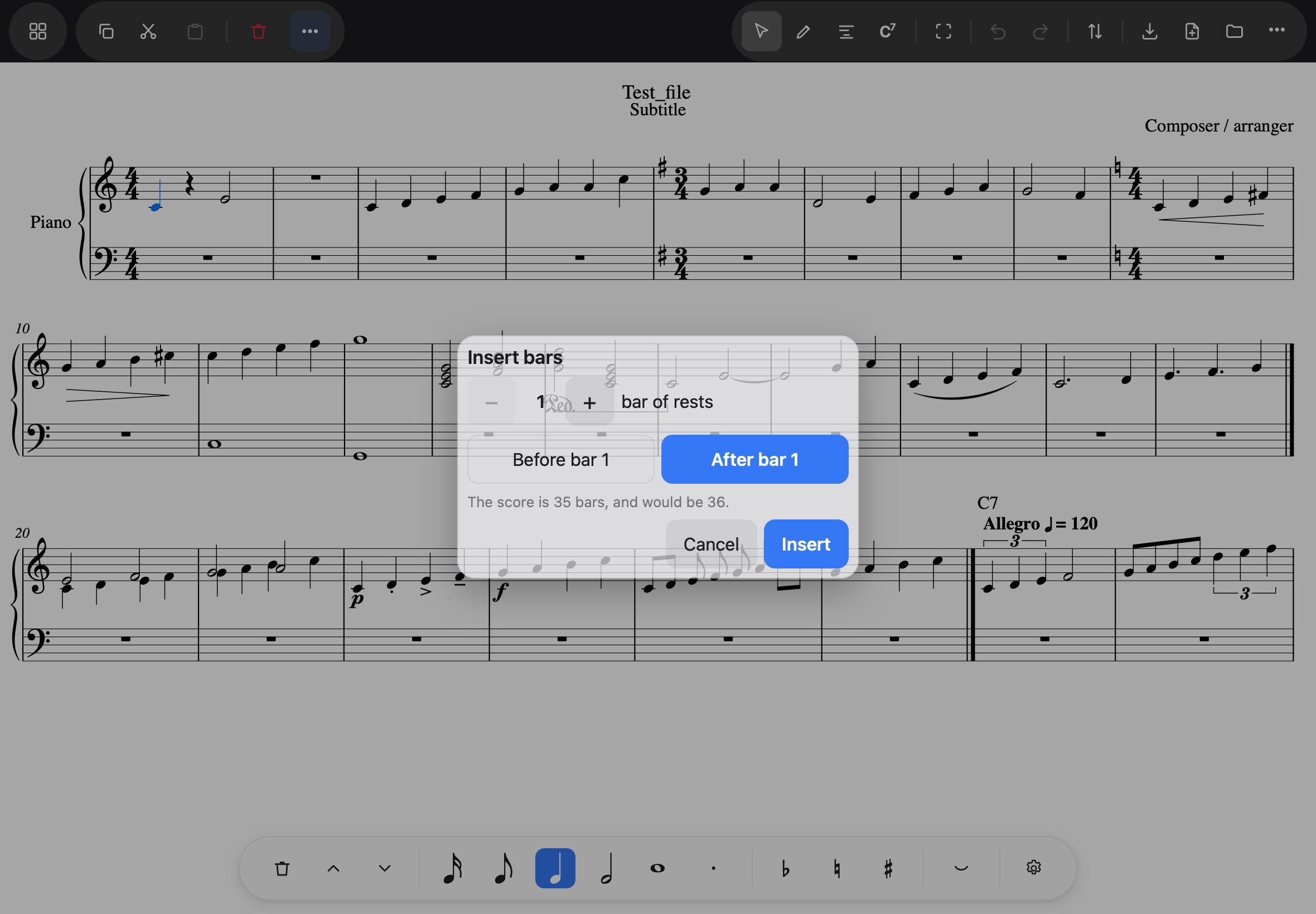 The Insert bars sheet — how many bars of rests, and where they go