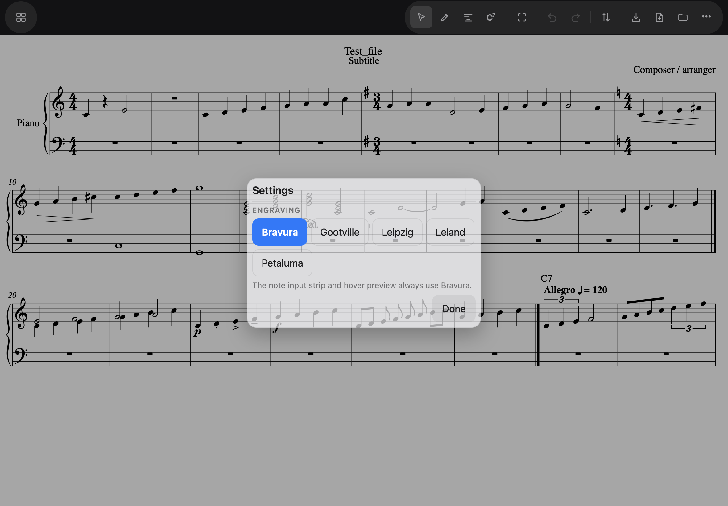 The Settings sheet — five music fonts to engrave with