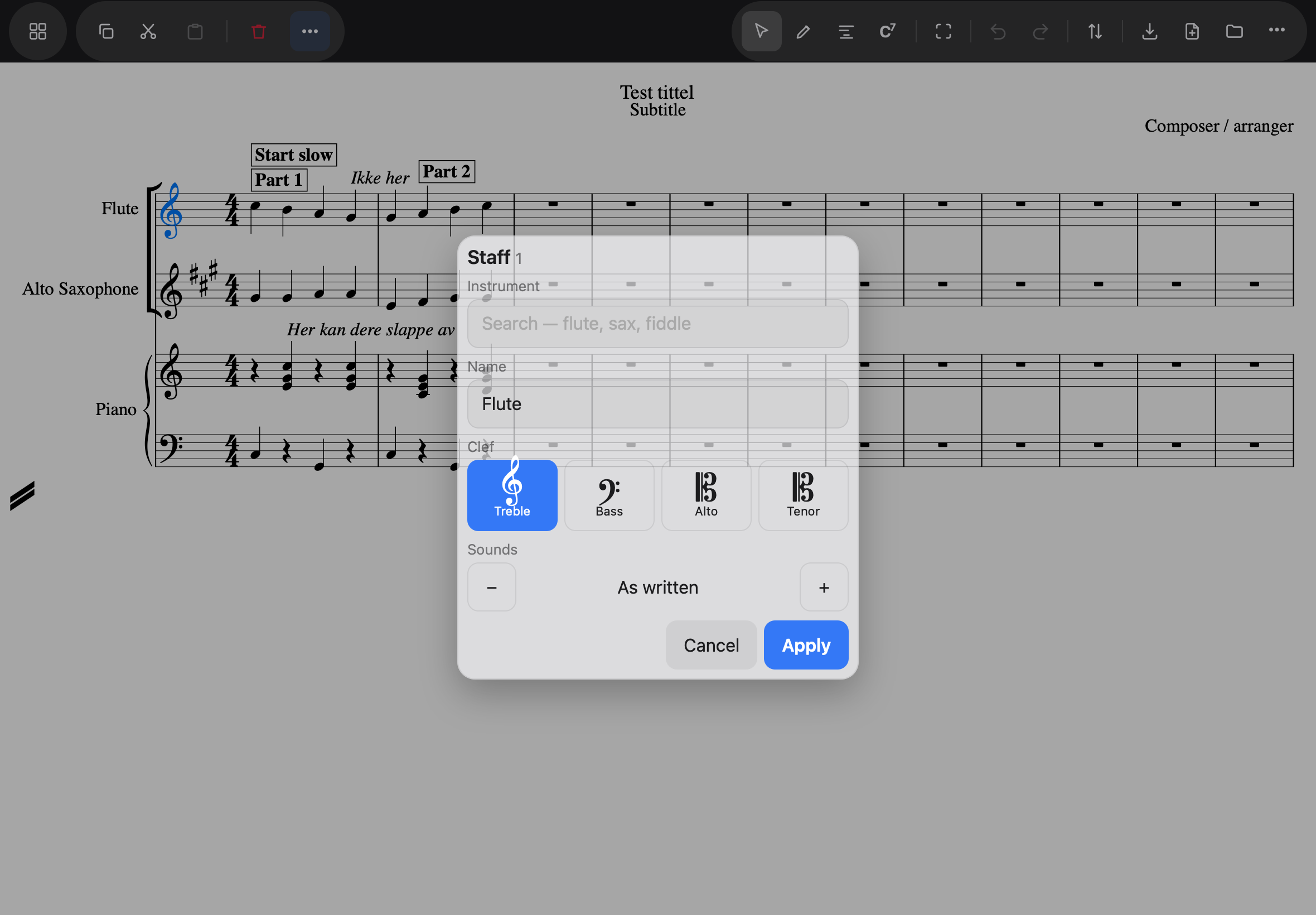 The Staff sheet, reached from the flute's clef — instrument, name, clef, and what it sounds like