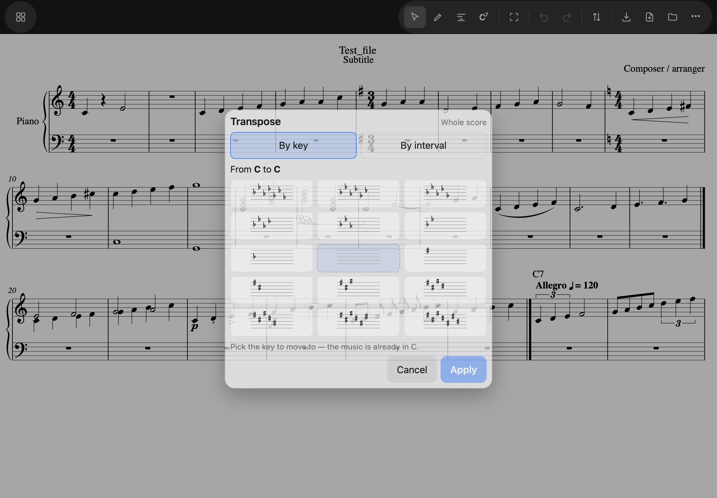 The Transpose sheet — By key, with the fifteen key signatures as pictures