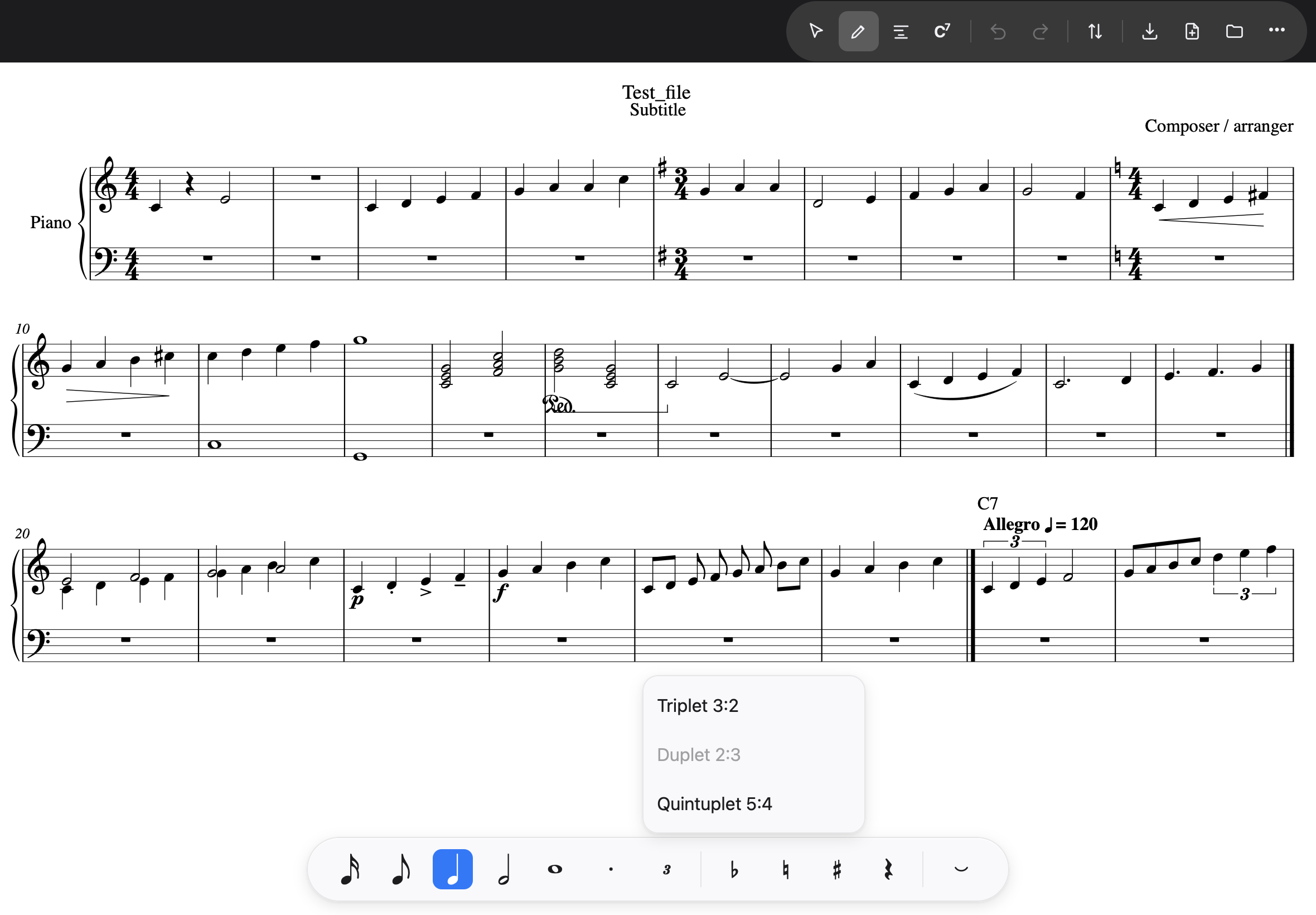 The tuplet menu above the input strip — Triplet, Duplet greyed, Quintuplet